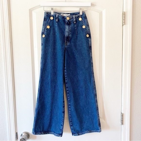 ZARA Cropped Wide Leg Flare Jeans With Gold Buttons 70’s - Picture 3 of 9